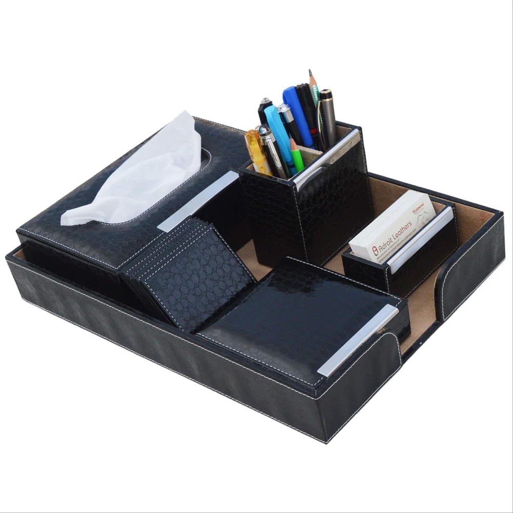 Ally Leather Multipurpose Desk Organizer 5 in 1 Desktop Set Paper Tray or Visiting Card Holder  for Office Desk Table Desktop Study table Storage Organizer Box (Black)